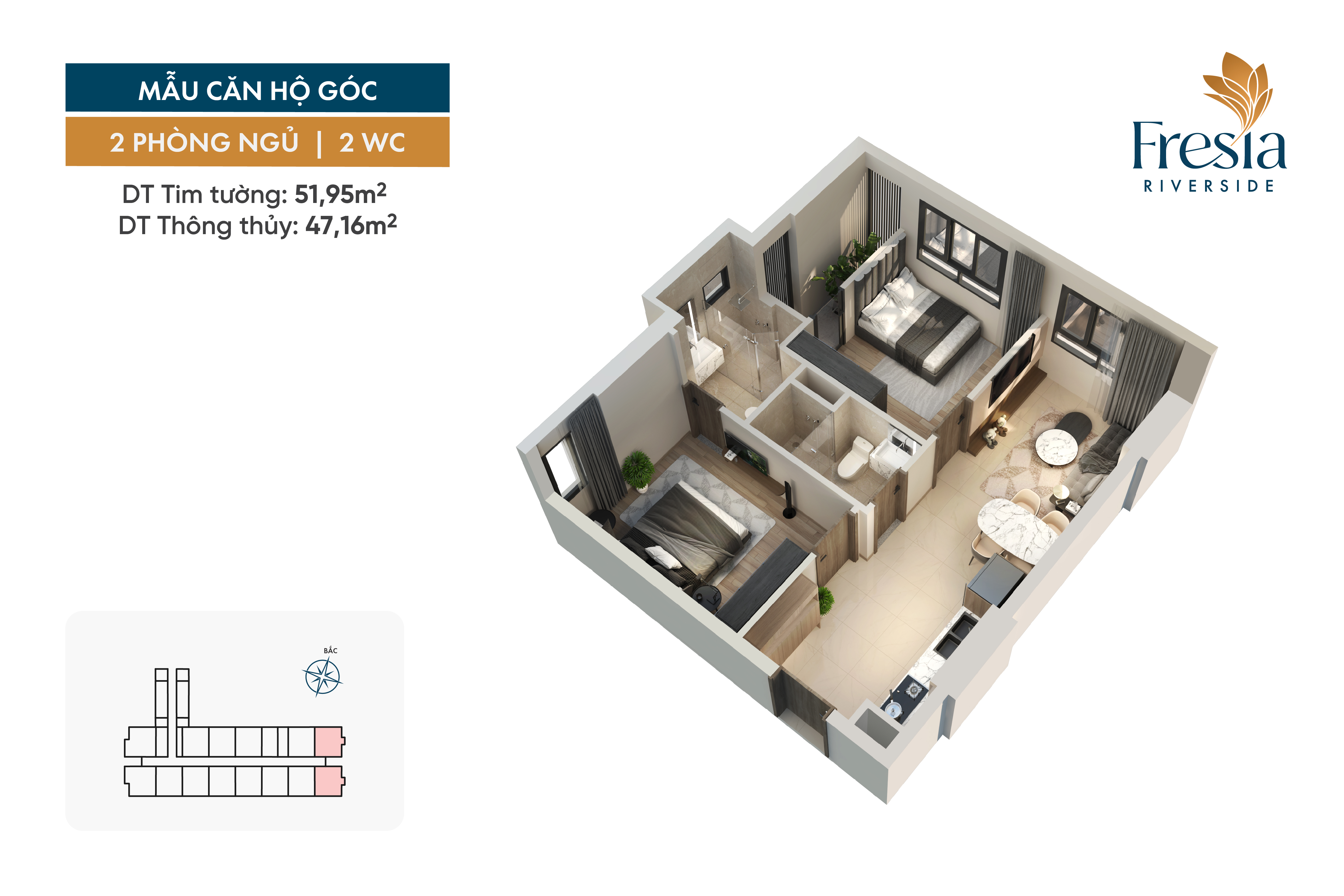 Căn hộ 2 phòng ngủ 2 WC